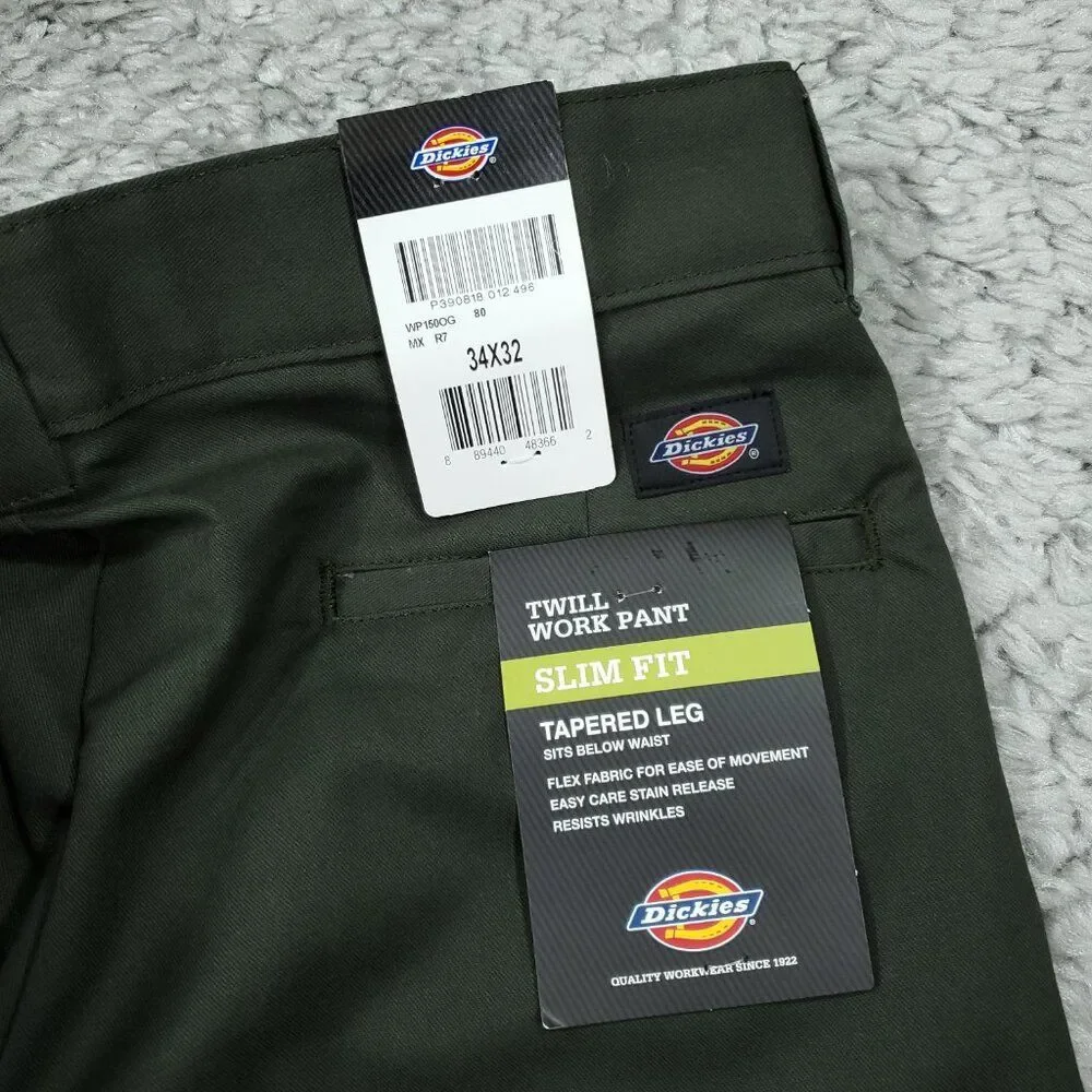 Dickies Slim Fit Tapered Twill Flex Green Work Pants Men's Size 34 x 32
